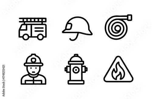 Firefighting icons set: truck, helmet, hose, firefighter, hydrant, warning sign in linear style