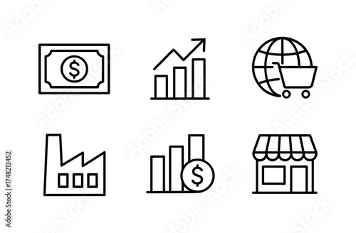 Economic growth icons set: linear style money, market trends, and shopping symbols