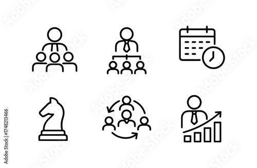 Business and management icons in minimalist linear style for planning and strategy