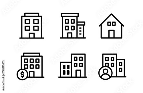 Linear style icons of buildings and houses with business elements