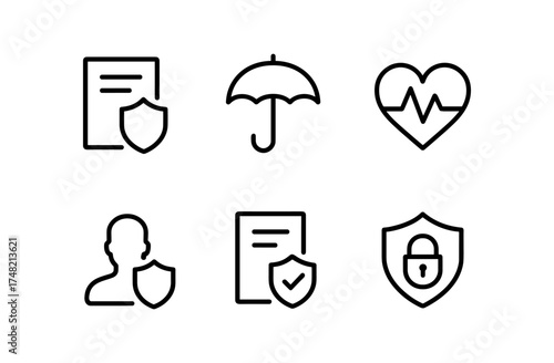 Minimalist insurance icons set: health, security, and protection line art