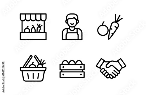 Linear icons of farmers market with produce and handshake theme