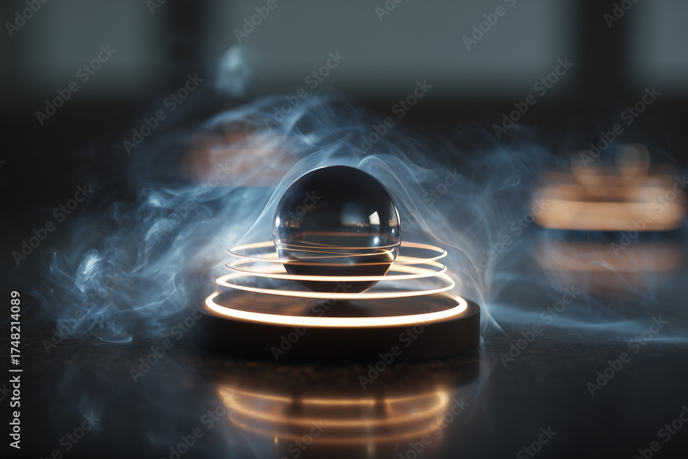 Fototapeta premium Levitating sphere creates rhythmic rings of smoke-light in a captivating display of ambient artistry