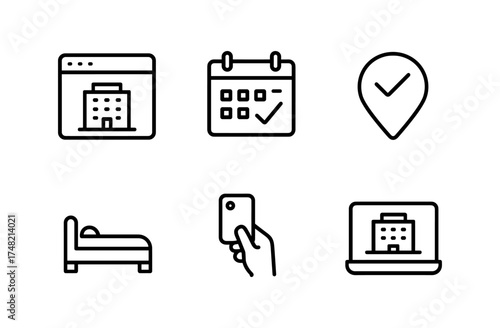 Hotel and booking icon set in linear style for travel and hospitality apps