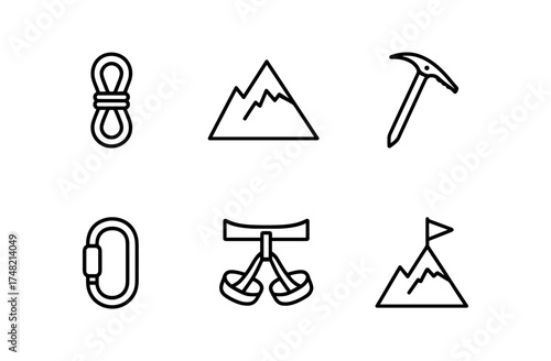 Minimalist climbing equipment icons: ropes, mountain, ice axe, carabiner, harness