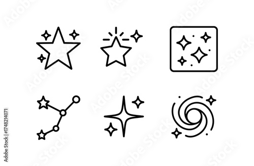 Minimalist celestial icons collection with stars, constellations, and galaxies
