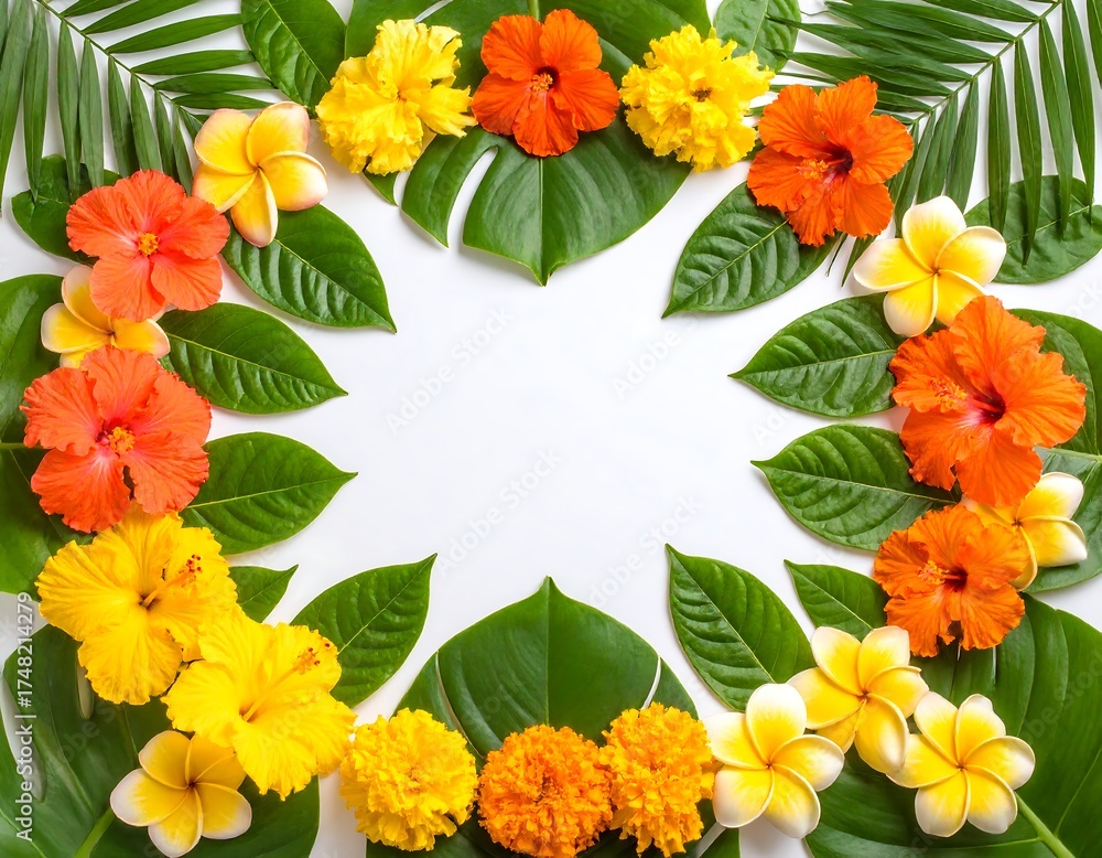 Fototapeta premium Tropical flowers and leaves arranged in a frame