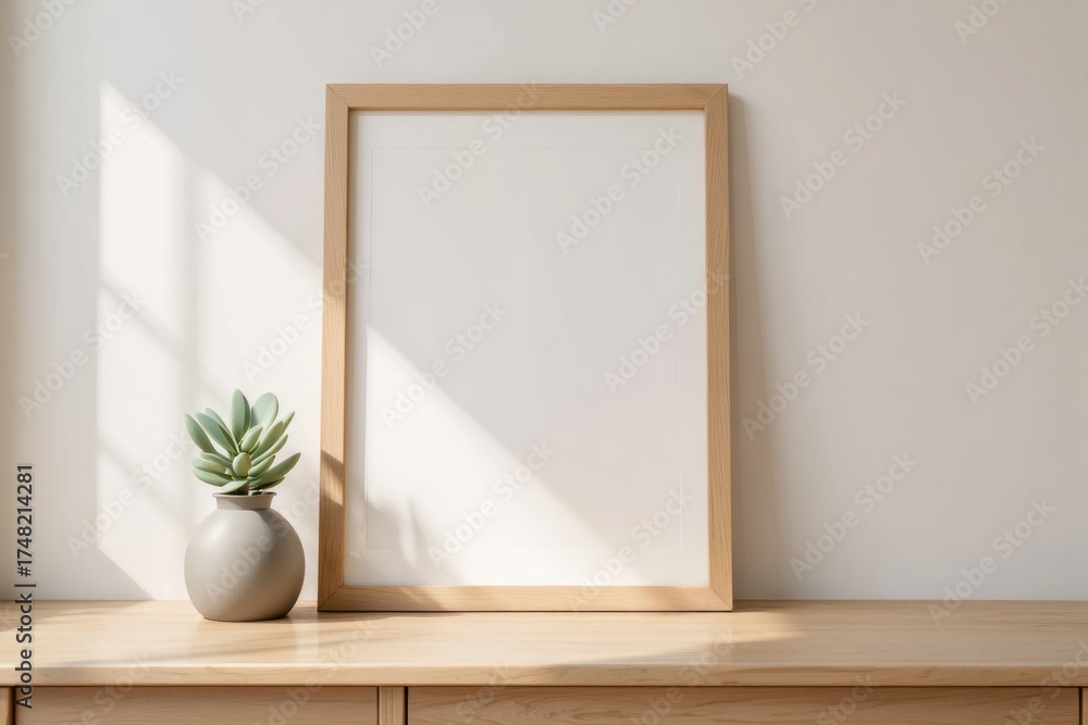 Fototapeta premium Minimalist frame and plant on wood shelf in serene interior setting