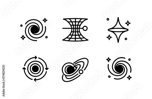 Minimalist cosmic designs: black hole, wormhole, galaxy symbols in line art style