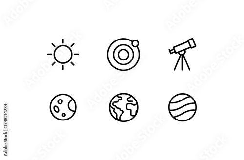 Minimalist space icons set featuring telescope, planet, sun, and moon