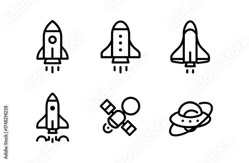 Minimalist space icons: rockets, shuttle, satellite, ufo in linear design