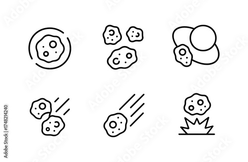 Simple meteor icons: set of minimalist black and white space objects in motion