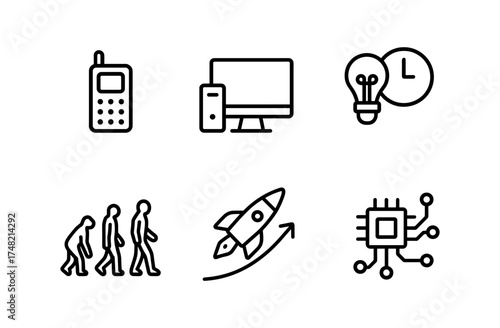 Linear icons depicting evolution of technology and innovation concepts