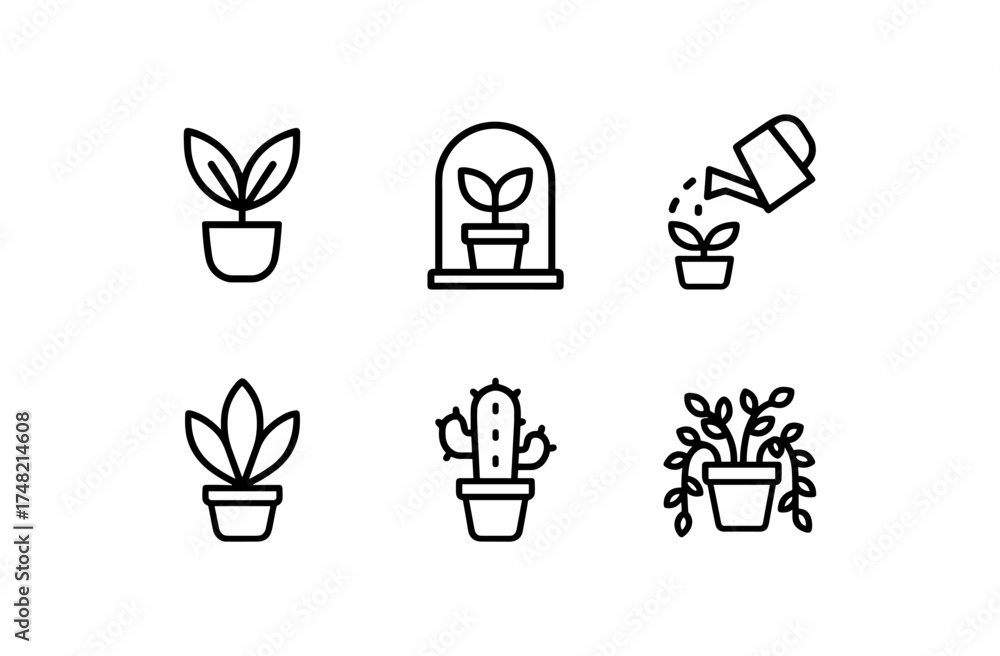 Obraz premium Minimalist plant icons: line art of succulents and houseplants