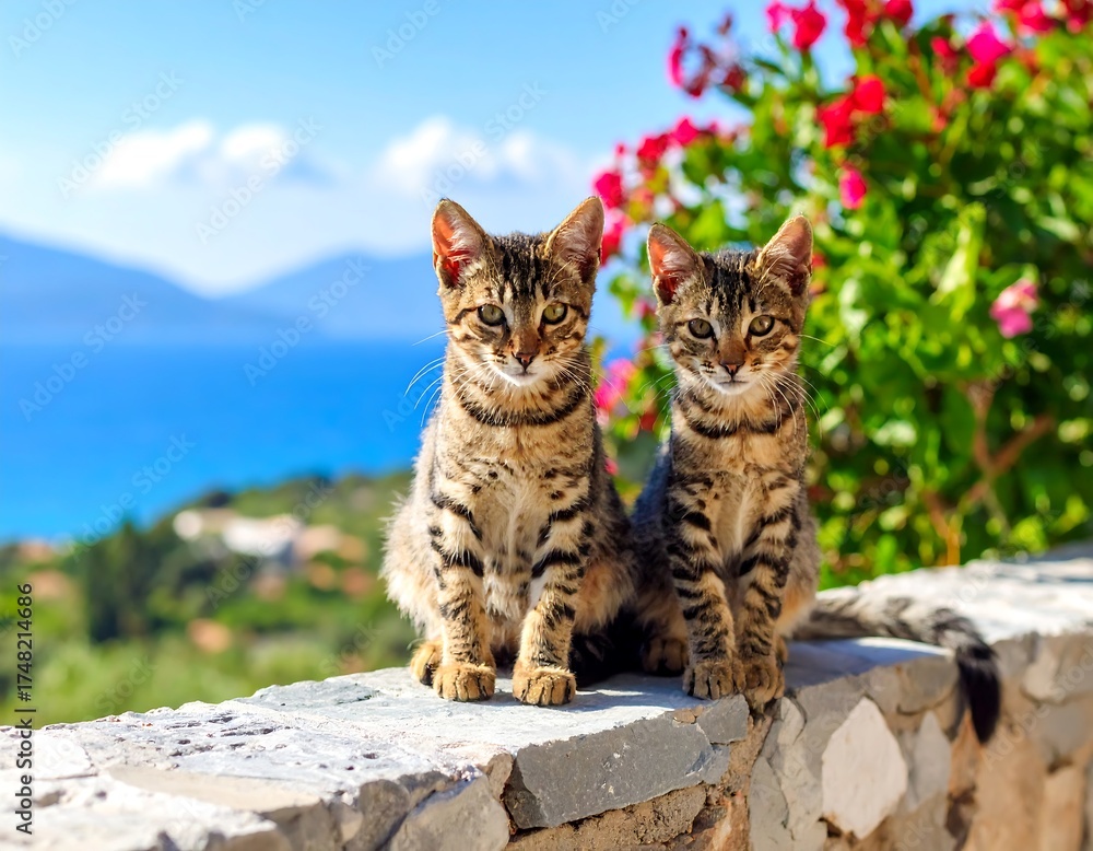Obraz premium Two kittens sit on a stone wall overlooking a sea and mountains
