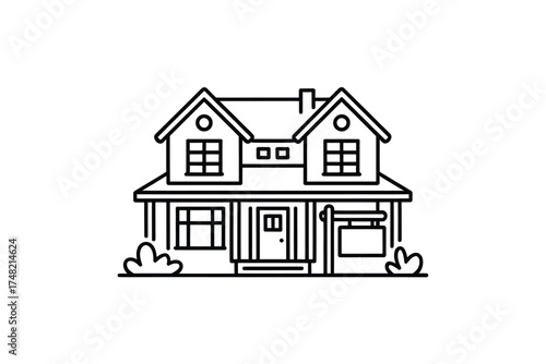 Simple black and white line drawing of a two story house with a for sale sign