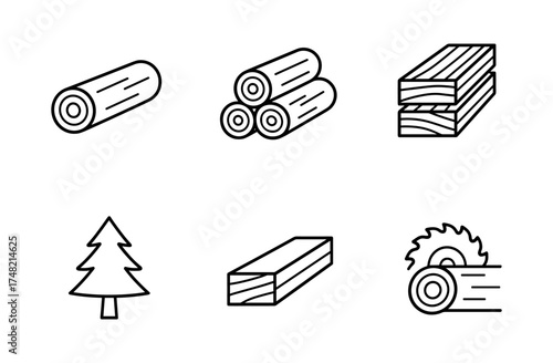 Linear woodworking icons: lumber, logs, and timber processing tools