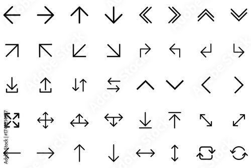 Arrows icons set. Vector arrows of various shapes and directions. Set of new style black vector arrows UI isolated icons. Set of line vector icon. Vector illustration.