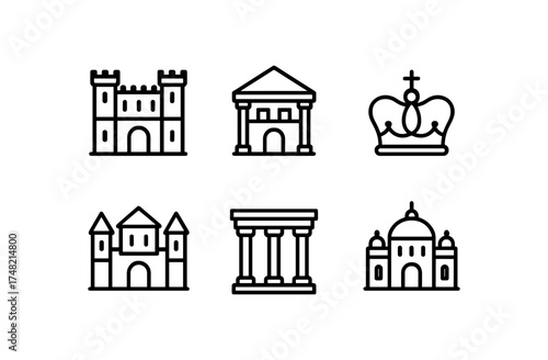 Minimalist linear icons of historical and cultural architecture and symbols
