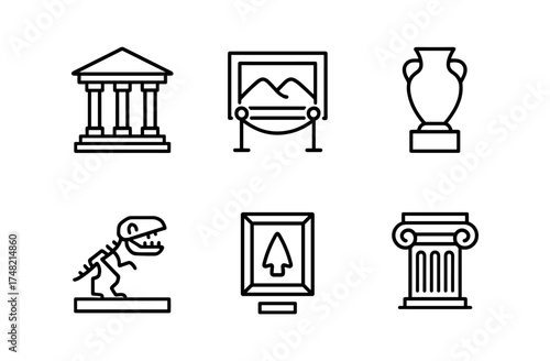 Linear museum icons set: artifacts, architecture, and exhibits