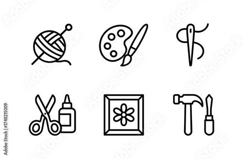 Creative craft and art tools in simple linear style icons set