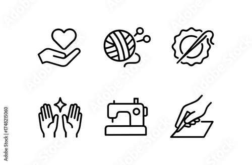 Crafting and diy icons set: heart, yarn, embroidery, hands, sewing machine, writing