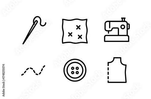 Sewing icons: needle, fabric, machine, thread, button, pattern in linear style