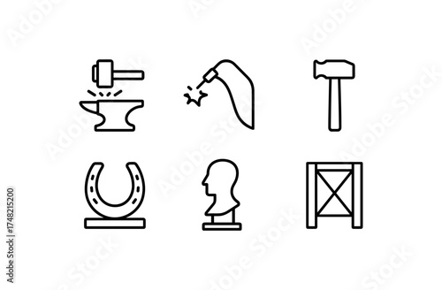 Minimalist blacksmith tools icon set featuring hammer, anvil, forge, horseshoe, sculpture, scaffold