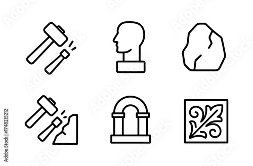 Linear icons: sculpture, hammer, stone, bust, architecture, ornament