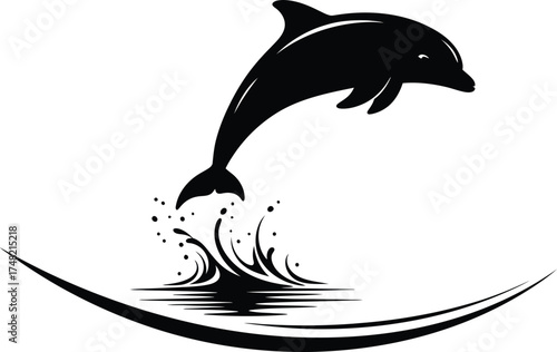 A playful dolphin leaps from the water, creating a splash, depicted in a clean black silhouette, isolated on white background, capturing the oceans energy