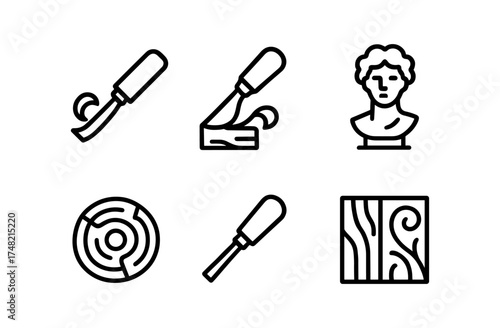 Line art icons of sculpture tools and bust for creative design projects