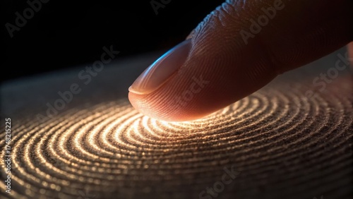 Close-Up of Finger Tracing Textured Surface with Light Reflection