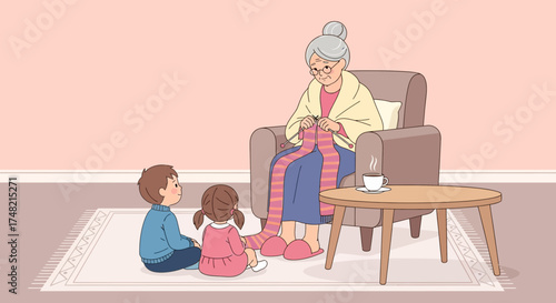 Grandmother knitting a scarf with her grandchildren in a cozy living room scene