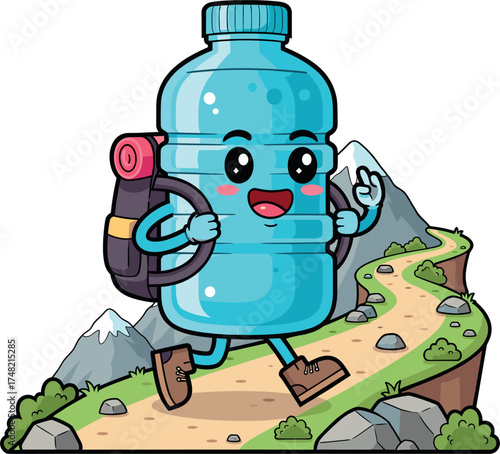 Cute cartoon water bottle character hiking on a mountain trail