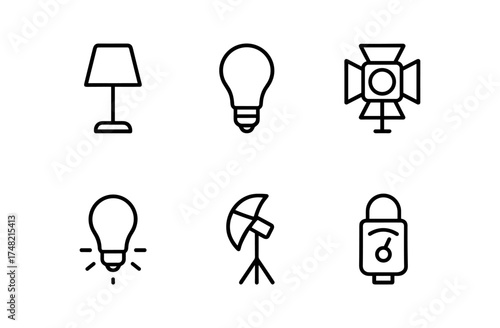 Minimalist outline icons of lamps and lighting equipment set