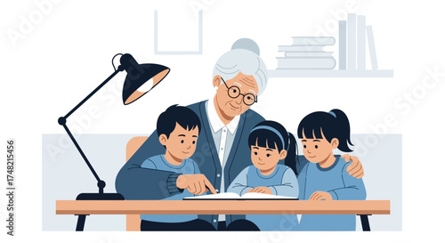 Grandmother reading book with grandchildren at the desk under the lamp illustration