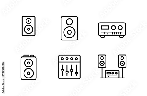 Minimalist audio equipment icons set featuring speakers and sound mixer controls