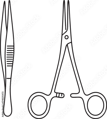This is a black and white illustration of two surgical instruments. On the left are forceps, with long, thin, ridged jaws. To the right, a hemostat, or locking forceps, is shown with finger loops 
