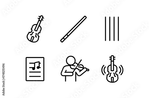 Linear music icons: violin, bow, strings, sheet music, musician