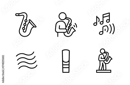 Musical saxophone icons: linear designs and musical elements