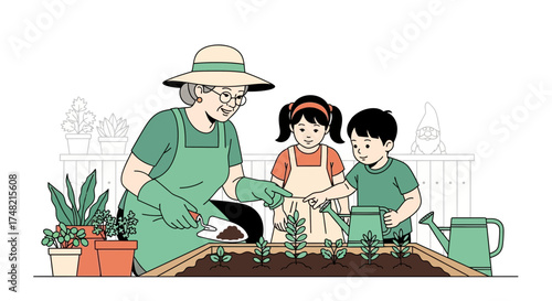 Grandmother teaching her grandchildren how to garden in a lovely backyard setting filled with love