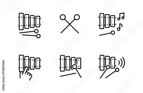 Simple line icons of xylophone with mallets and musical notes for music apps