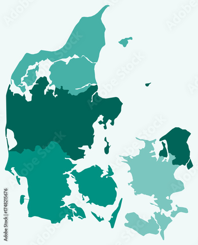 Map of Denmark with regions. Just a simple country border map with region division. Teal color palette. Blank Denmark shape with administrative division. Vector illustration.