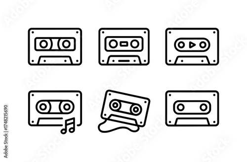 Retro cassette tape icons set in linear style for music and nostalgia themes