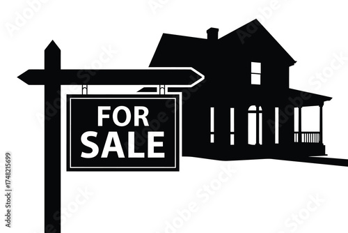 Silhouette of a house with a for sale sign in front of it