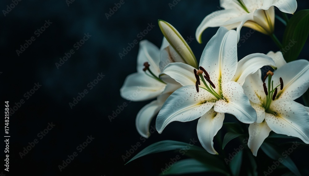 Obraz premium Several white lilies with visible stamens and petals are shown in detail against a dark backdrop; the image has a moody, low-key feel.