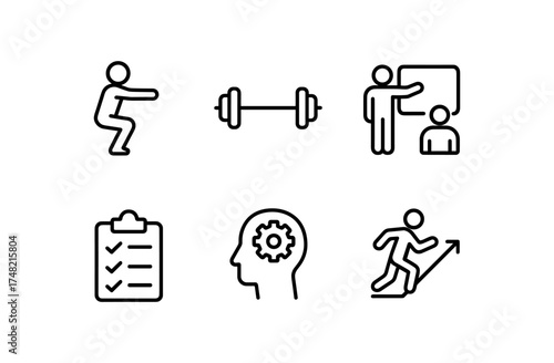 Fitness and coaching icons: squats, dumbbells, presentations, goals, mindset