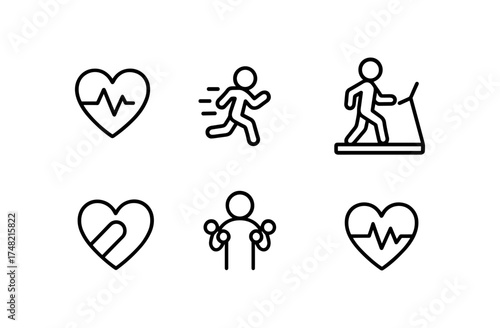 Minimalist fitness icons: heart rate, running, walking, exercise, healthcare