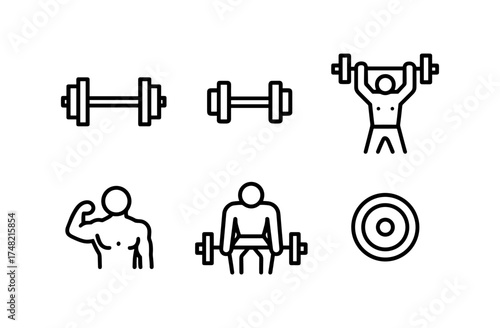 Minimalist gym icons: dumbbells, weightlifting, bodybuilding, and fitness elements