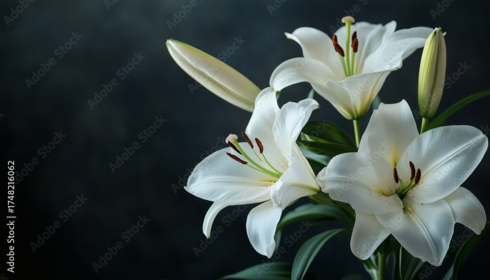 Fototapeta premium Three white lilies with buds and green leaves are captured in a close-up shot against a dark, textured backdrop.